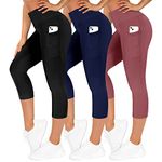 ZOOSIXX 3 Pack Capri Leggings for Women, High Waisted Yoga Pants with Pockets Soft Black for Running Workout, Black/Navy/Dark Pink, Large-X-Large