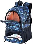 WOLT | Basketball Equipment Backpack, Large Sports Bag with Separate Ball holder & Shoes compartment, Best for Basketball, Soccer, Volleyball, Swim, Gym, Travel (Camouflage Blue)