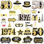 50th Birthday Photo Booth Props, Black and Gold Birthday Photobooth Props with Sticks, 50th Birthday Decorations for Men Women, 30pcs Happy Birthday Selfie Props, Funny 50th Birthday Party Supplies