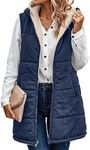 ECOWISH Womens Long Puffer Vest: Winter Full Zipper Sleeveless Reversible Thicken Fleece Coat with Hood Navy Blue Small