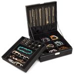 Black Jewelry Box with Lock and Key, 2 Layer Travel Display Case and Storage Organizer with Removable Tray for Earrings, Men, Girls, and Women (10.5x10.5x3.5 in)