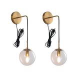 Plug in Wall Sconces Set of 2 Modern Brass Gold Globe Clear Glass Shade Applique Murale Interieur Adjustable Wall Lights Wall Mount Lamp with 6Ft Plug in Cord Switch for Bedroom Living Room