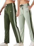 Modeve Women's Olive and Pista Regular Fit Striped with Side Pockets Cotton Track Pants for Summer (M)