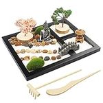 Japanese Zen Garden for Desk - Sakura Budah 9" x 7" Desktop Mini Zen Garden with White Sand Artificial Bonsai Tree Rocks Rakes & Accessories - Meditation Zen Gifts Sand Garden Kit for Office Zen Decor