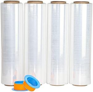 BOMEI PACK Clear Stretch Wrap Roll with Plastic Handle 18" x 1000 Feet 80 Gauge 4 Pack, Shrink Wrap Heavy Duty, Self-Adhering Plastic Wrap for Shipping, Moving