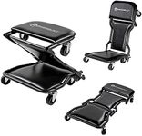 Powerbuilt 42-Inch Triplex Folding Creeper, Rolling Seat, and Brake Stool, All-in-One Adjustable Roller Garage Chair, Lay Down or Sit, Black 620469