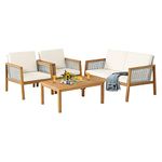 COSTWAY 4 PCS Garden Furniture Set, Acacia Wood Rattan Patio Conversation Set with Loveseat, Sofa Chairs and Coffee Table, Outdoor Sofa Set Wicker Table Chairs for Balcony Lawn Yard (White+Light Grey)