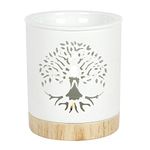 Elegant Tree of Life Cut-Out Design White Ceramic Oil Burner - 12.6cm x 11.5cm (1 Pc.) - With A Wood-effect Ceramic Base - Ideal for Aromatherapy, Home Decor Accent & Gift