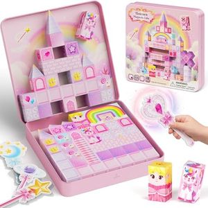 burgmate Unicorn Magnetic Blocks for Girls : 48 Pieces Princess Castle Building Blocks with Tin Box, Exclusive Cones & Wands, 300+ Builds, 60+ Min Quiet Play Travel Toys for Girls Ages 3-8