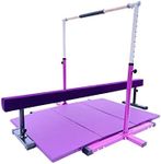 X-Dance 5 FT Horizontal Bar Adjustable Kip Bar Gymnastics Bar Full Set + 6 Ft x 4 Ft Tri-Fold Mat + 8 FT Adjustable Balance Beam with Legs for Kids, Home, Boys and Girls Gymnastics Training Set Purple