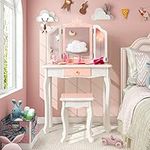 Costzon Kids Vanity Table and Chair Set, Girls Vanity Set with Mirror and Stool, Storage Drawer, Wooden Princess Makeup Dressing Table, Toddler Vanity, Pretend Play Vanity Set for Little Girls