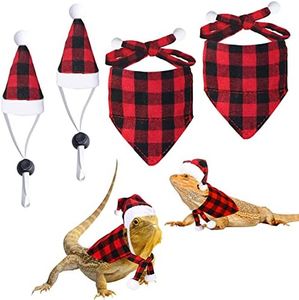 JOTFA 4 Pieces Christmas Bearded Dragon Costumes, Lizard Christmas Hats Bandanas Small Pet Christmas Costume for Bearded Dragon Lizard Chicks Parrot Hamster Guinea Pig Small Pet (Red, Plaid)