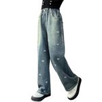 Rolanko Girls Jeans Bootcut Ripped Elasticated Waist Retro Style Denim Pants for Kids Fit, Embroidery Bow Tie, Size: 11-12 Years/160