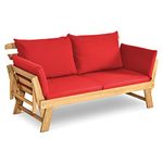 DORTALA Patio Convertible Couch Sofa Bed, Acacia Wood Daybed w/Adjustable Armrest, Collapsible Chaise Lounge w/Cushions & Pillows, Outdoor Loveseat for Garden, Poolside, Courtyard, Red