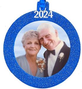 2024 Photo Ornaments for Christmas Tree, Sparkly Glitter Christmas Frame Ornament, Easy-Load Magnetic Design, Includes Satin Ribbon with Silver Charm Plus Photo Protector, Round, Blue