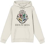 Bioworld Harry Potter Minimal Hogwarts Crest Long Sleeve Natural Adult Hooded Sweatshirt-Large