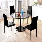 JEFFORDOUTLET Black Dining Table and Chairs Set of 4, Round Tempered Glass Table with High Back PU Leather Chairs