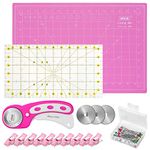 45mm Rotary Cutter Tool Kit with Rotary Cutter, 12x18 Inch A3 Cutting Mat, Patchwork Ruler, 10 Fabric Clips, 50 pins and 3 Spare Blades