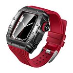 For Apple Watch 45mm 44mm Case Silicone Band with Glass Screen Protector Rugged Cover for iWatch Series 9 8 7 45mm SE2 6 5 4 SE 44mm Heavy Duty Metal Case Strap Men's Full Protective Cover (Red)