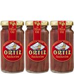 Ortiz Anchovies in Extra Virgin Olive Oil, Firm Buttery Fillets with a Rich Umami Taste, Wild Caught in Spain, Great for Pizza, Pasta and Caeser Salad, 3.3oz Glass Jar (Pack of 3)