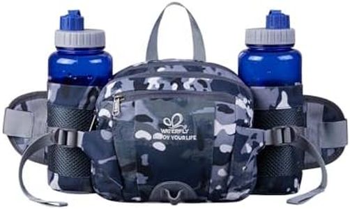 WATERFLY Fanny Pack Waist Bag: Fannie Pack 2 Water Bottle Holders Lumbar Belt Hiking Walking Running Jogging Camping Large Woman Man (Camouflage black)