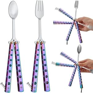 Flutesan 2 Pcs Butterfly Fork and Spoon Set, Tactical Butterfly Spoon Folding Stainless Steel Butterfly Fork for Travel Camping Hunting BBQ Kitchen(Colorful)