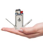 LighterBro Micro Compact Stainless Steel Lighter Sleeve - Multi-Tool Lighter Case With Poker, Screwdriver, Super Sharp Knife, Bottle Opener, Key Chain - Survival Tool, 2.1"x0.8"x0.5" (Silver, 1 Pack)