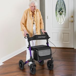 COSTWAY Folding Rollator Walker – Adjustable Seat, All-Terrain Tires, Purple