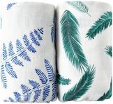Margaux & May Organic Muslin Swaddle Blankets 2 Pack - 100% Organic, Large 47x47 Inches, Breathable Baby Blankets, Blue Fern and Green Feather - Newborn Essentials Must Haves
