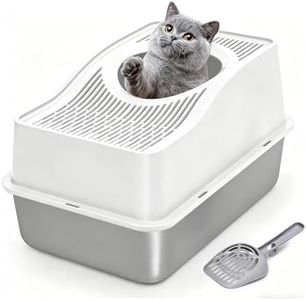 Kettnjoy Top Entry Cat Litter Box with Lid, Stainless Steel XXL Enclosed Cat Kitty Litterbox, Top Opening Extra Large Enclosure Metal High Side Litter Pan Tray Box Dog Proof, Easy Cleaning, White