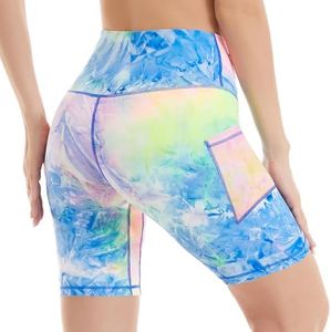 iniber Women High Waist Yoga Short Leggings Tummy Control Butt Lift Tie Dye Workout Pants Booty Slimming 4-Way Yoga Shorts