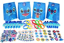 YIIHMEI Stitch Party Bag Fillers set Stitch Themed Party Favours Include 12 Paper Present Bag 50 Sticker 12 Rubber Bracelet 12 Badge 12 Party Blower etc for Stitch Birthday Party Supplies