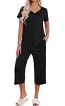 Ekouaer Women's Pajama Sets Short Sleeve Sleepwear Button Down 2 Piece Pj Loungewear Top and Capri Pants Black,M