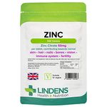 Lindens Zinc Citrate 50mg - 100 Vegan Tablets - Immune Function, Fertility, Healthy Bones, Vision, Hair, Nails and Skin - Made in The UK | (3+ Months Supply) | Letterbox Friendly