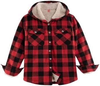 ZENTHACE Kids Boys Buffalo Plaid Button Down Shirt Sherpa Fleece Lined Hooded Flannel Jacket for Boys Fall Winter Jacket Red XL Size 14-16
