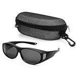 BEZZEE PRO Polarised Over Glasses Sunglasses with Case - Anti-Glare UV400 Sun Protection Shield for Prescription Glasses-Wrap Around Men's&Women's Over glasses-Biking,Hiking,Fishing,Golfing (Black)