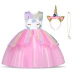 URAQT Unicorn Costume, Princess Unicorn Dress for Girls, Fancy Dress with Necklace/Headband for Birthday/Cosplay/Wedding, Age 3-10 Years, 150CM