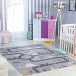 Livabliss Road Track Washable Kids Rug - Childrens Rug for Bedroom 80x150 cm, Machine Washable Rug for Girls & Boys Bedroom Rug, Playroom & Nursery Rugs - Girl or Boy Room Baby Rug, Kids Carpet, Grey