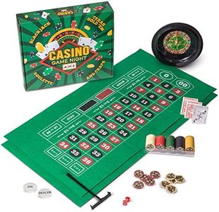Brybelly Casino Night 4-in-1 Complete Game Set with Felts, Wheel, 100 Chips, Dice & Cards for Blackjack, Craps, Roulette & Texas Hold'em - Green Felt Double Sided Casino Tabletop Gaming Mat