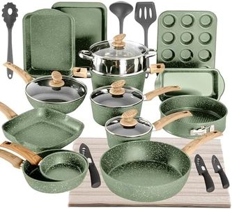 Kitchen Academy Bakeware and Cookware Set, 30 Piece Non-Stick Pots and Pans Set, Induction Pan Set, Granite Non-Stick Saucepan Set (Green)