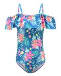 Aisyee Big Girls One Piece Bathing Suit Off Shoulder Swimsuits Kids Hawaiian Floral Swimwear Blue Size 10/8-10