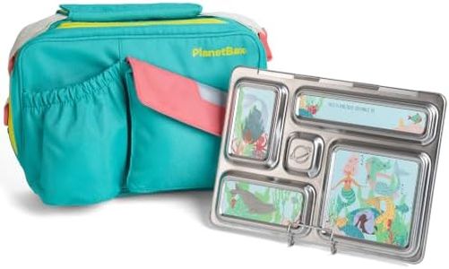 PlanetBox Rover Stainless Steel Bento Box Style Lunch Box Kit for Kids with 5 Compartments, Includes Insulated Lunch Bag, Leakproof Food Containers and Matching Mermaid Lagoon Magnets