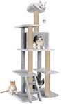 Purrway Multi-Storey Fur Fabric Kitten Cat Tree - Stairs | Hammock | Condo | Top Perch | Furry Balls | Scratching Posts (Height 60 Inch) (Grey - FURR-57)