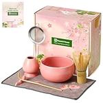 Maestri House 7 Pcs Matcha Whisk Set, Ceramic Matcha Set with Matcha Bowl, Matcha Whisk and Holder, Bamboo Scoop, Scoop Rest, Sifter and Tea Towel(Pink)
