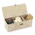 IGNPION 3 Compartments Seagrass Storage Basket with Lid Bathroom Sotrage Toilet Tank Top Basket Woven Seagrass Desktop Basket Rectangular Organiser Box Shelves & Desks Decorative Basket Whitewash