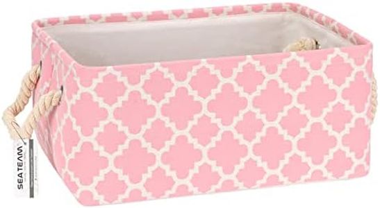Sea Team 13Liters Canvas Storage Basket Rectangular Mesh Folding Thick Laundry Box with Cotton Handle for Organizing Clothes Towel Book Cosmetics Toy(Pink S)