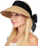 FURTALK Straw Sun Visor Hats for Women Summer Beach Sun Hat Packable UPF 50 Sun Protection Travel Hat with Big Tie Khaki