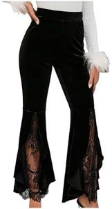GORGLITTER Women's Lace Gothic Pants Y2K Fall Velvet Goth Bell Bottom Festival Halloween Renaissance Rave Flare Pants Solid Black Velvet Medium
