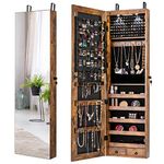 Giantex Wall Door Mounted Jewelry Armoire Cabinet with 47.5" H Full Length Mirror, 2 LEDs Lockable Jewelry Organizer Box with Bracelet Rod, 2 Drawers, Large Storage Capacity (Rustic Brown)