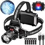 K KERNOWO LED Headlamp Rechargeable, Super Bright Head Lamp, Headlamp with Red Warning Lights, Head Lights for Forehead, Waterproof & Zoomable, 90° Adjustable Headlamps for Camping Hiking Car Repair